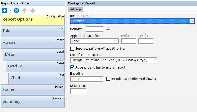 This image shows the Report Editor with Report Options selected.  The Delimited Report Format is selected.